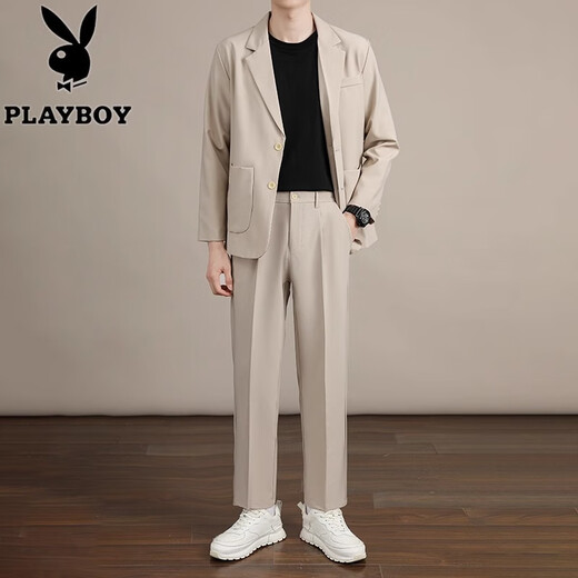 Playboy business draped casual suit suit men's loose Korean style jacket spring and autumn handsome blazer summer black trousers suit L size 125-140Jin[Jin equals 0.5 kg]