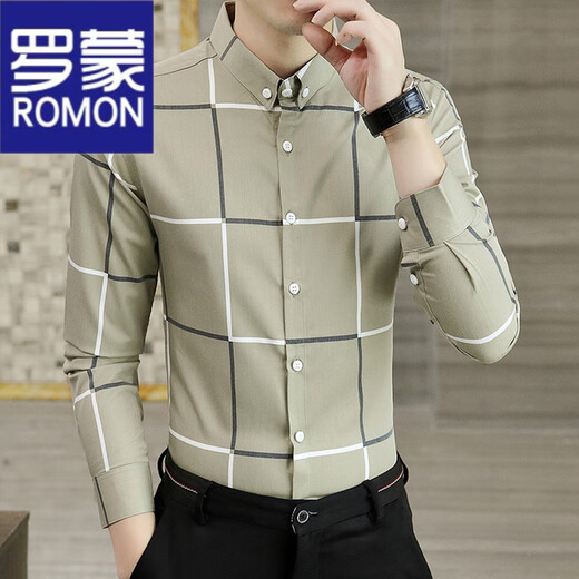 ROMON shirt men's spring and autumn high-end plaid casual long-sleeved thin high-end shirt business slim-fit trendy inch shirt 9922 khaki XL (120-135Jin[Jin equals 0.5 kg])