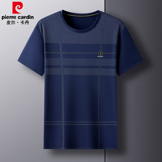Pierre cardin summer men's round neck striped short-sleeved T-shirt pocket loose casual top new half-sleeved middle-aged dad men's clothing TC-short-sleeved-691 navy blue 4XL 190/195-210Jin[Jin equals 0.5 kg]