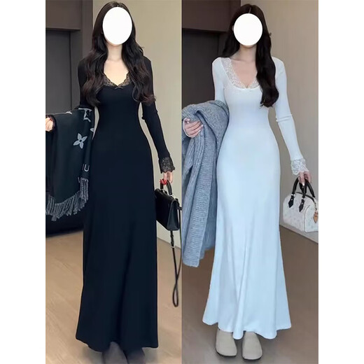 Hao'e early autumn black dress Hepburn style v-neck knitted skirt advanced 2025 with coat inner bottoming hip-covering long skirt V-neck knitted dress black L