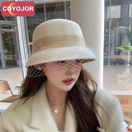 COYOJOR希遥家秋冬网纱羊毛帽子女复古赫本风毛呢礼帽气质优雅盆帽毛呢渔夫帽 云朵白 可调节