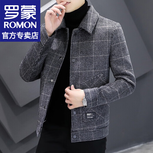 ROMON Woolen Jacket Men's Autumn and Winter New Fashion Business Plaid Lapel Jacket Thickened Warm Top Men's 2903 Gray XL (120-135Jin Jin is equal to about 0.5 kg)