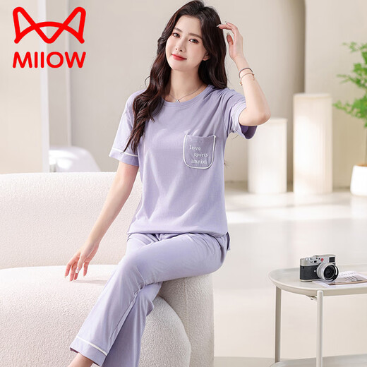 猫人（MiiOW）睡衣女夏季薄款2025年新款纯棉短袖长裤家居服套装夏天全棉可外穿 7374豆绿 L 100-120斤