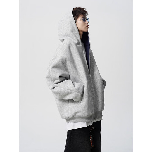 Heavy zipper cardigan sweatshirt for men and women in autumn American loose couple hoodie vibe high street casual hooded jacket gray 400g contrasting color single-sided cardigan sweatshirt L recommended 115-130Jin Jin equals 0.5 kg