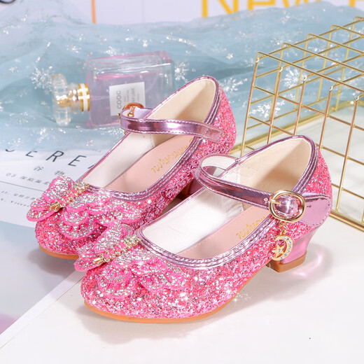 Ye Yu's new plus size girls' high heels, crystal performance leather shoes, children's high heels, student single shoes, Elsa Princess shoes, new back butterfly 322-7 pink 25, inner length 16 cm