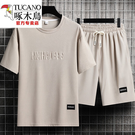 啄木鸟（TUCANO）男士夏季套装青少年短袖t恤薄款冰丝两件套休闲运动服五分短裤子 套装-TZ829军绿【上衣+裤子】 M 建议90-110斤