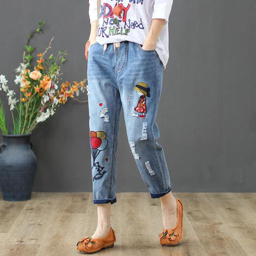 NYCKJK2025 Frühlings- und Sommer-neue elastische Taille Neun-Punkte-Jeans für Frauen koreanische Version Rippte lose hohe Taille mit großer Größe Harem Hosen 9902#9 Punkte 9902#9 Punkte 26