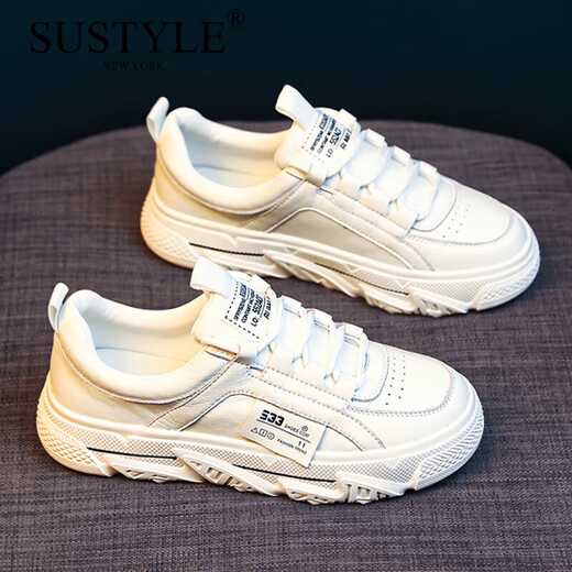 SUSTYLE奢侈高端品牌高档真皮鞋女2025春夏季新款运动休闲韩版百搭单鞋子 白色凉鞋 -1283 40 默认尺码1