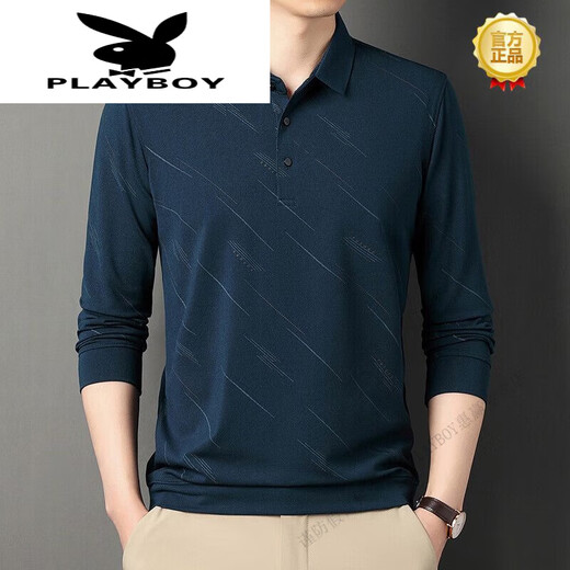 Playboy (PLAYBOY) middle-aged and elderly men's long-sleeved Polo shirt top 2024 spring and autumn striped print business casual men 826-Naru Qing XL 115 suggestions 130-145Jin [Jin equals 0.5 kg]