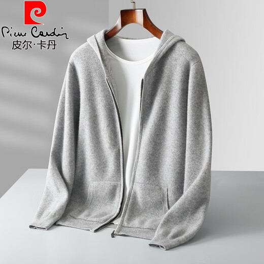 Pierre Cardin 2025 casual zipper hooded wool cardigan for men spring and autumn style knitted hoodie luxury fashion sweater jacket for men white L