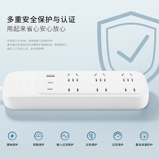 联想（Lenovo）小新65W氮化镓快充插排USB插座/插线板/插排/排插/接线板 2C1A+6插孔 全长1.8米白色总控开关