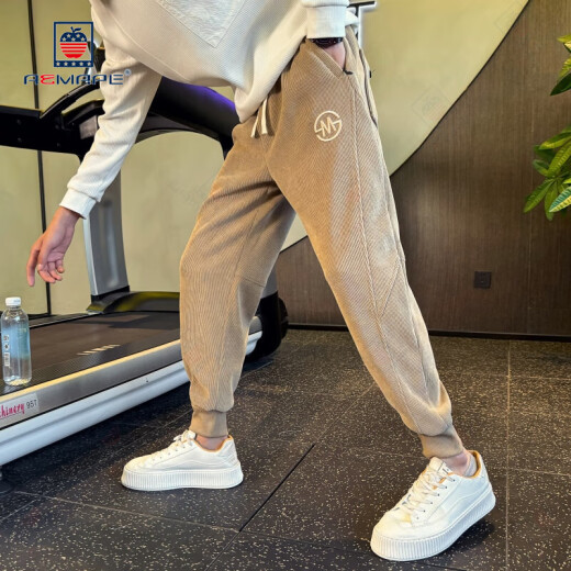 AEMAPE休闲裤男卡其色灯芯绒裤子男款束脚运动休闲裤痞帅刺绣锥形小脚裤 卡其色 M