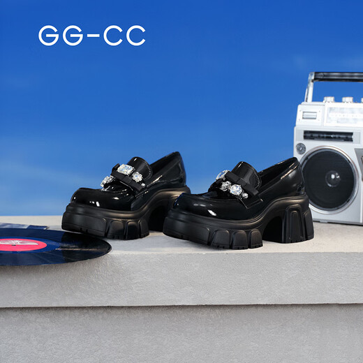 GG-CC【藤校毕业】春季新款时尚厚底乐福鞋女贵气千金小皮鞋G25U5012 黑色 钻饰 38