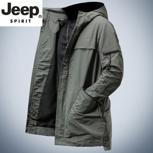 JEEP SPIRIT high-end windproof hooded jacket men's mid-length windbreaker men's jacket spring and autumn 2025 new trendy jacket green XL recommended 130-150Jin Jin equals 0.5 kg