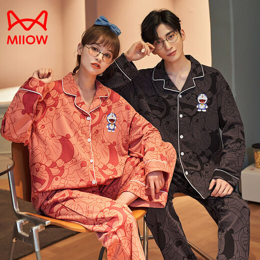 Cat Man (MiiOW) Spring and Autumn Couple Cotton Long Sleeve Pajamas Autumn Couple Clothing Women's Men's Loose Home Clothing 2025 Set AM=Female 34103-Male 34104 3XL Male