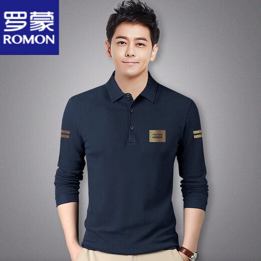 ROMON pure cotton long-sleeved T-shirt for men spring and autumn new bottoming shirt for young and middle-aged people slim business POLO shirt men's inner top RM7561 black lapel long sleeve M