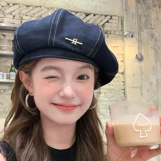 Wanjiazhen denim beret women's summer Korean style all-match beret hat Japanese style big head circumference slim octagonal hat painter hat metal R mark dark blue