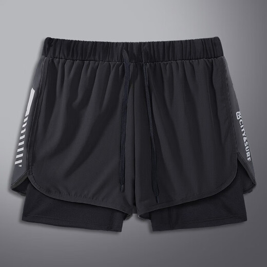 Sanqihu swimming trunks men's anti-embarrassment suit loose fit fitness sports beach large size double-layer quick-drying swimsuit black swimming trunks + swimming cap + swimming goggles + nose clip + earplugs L Recommended 80-100Jin Jin equals 0.5 kg L