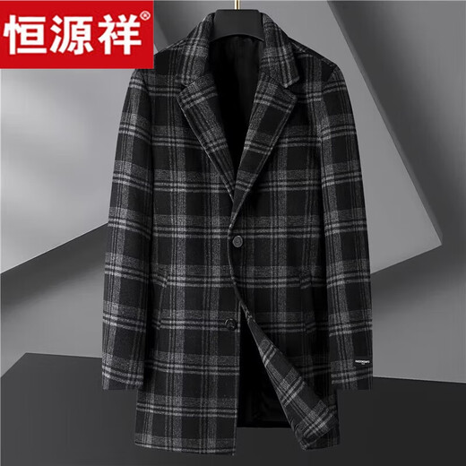 Hengyuanxiang large size plaid woolen coat men's medium-length thickened coat autumn and winter loose fat woolen windbreaker gray 5XL recommended weight 220-240Jin Jin equals 0.5 kg