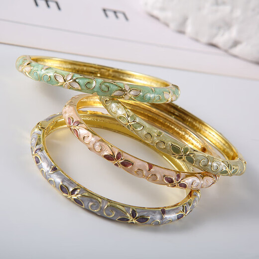 WSAY. Authentic Beijing cloisonné bracelet for women, enamel thin circle opening, gold-plated Hanfu features, counter four-leaf clover, light green oval, oval supermarket