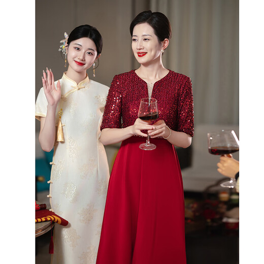 乌拓喜妈妈装婚宴高贵平时可穿春夏酒红色亮片妈妈晚礼服女感年轻喜婆 MSX693 红色拼接 684的酒红色 M