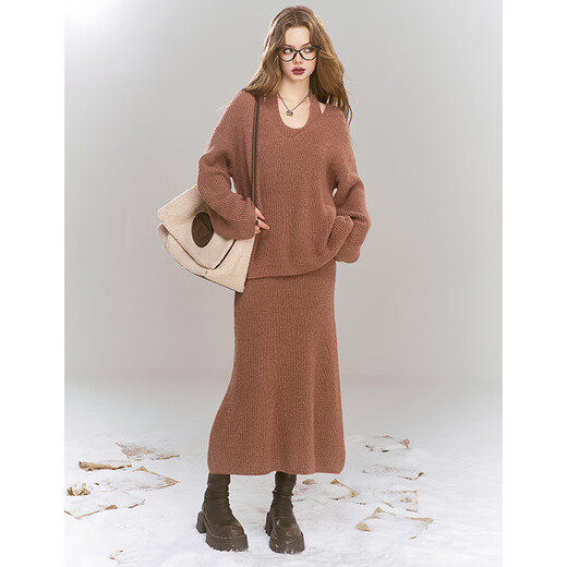 Fairy's pocket knitted sweater camisole two-piece set 2024 winter new style lazy stitch girly sweet coffee color S