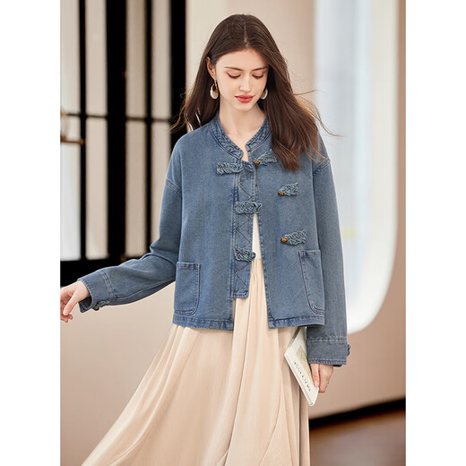 Sie Chi neue chinesische Denimjacke 2025 Herbst neue Frauen Retro Plattenknopf gewaschener Standkragen Top