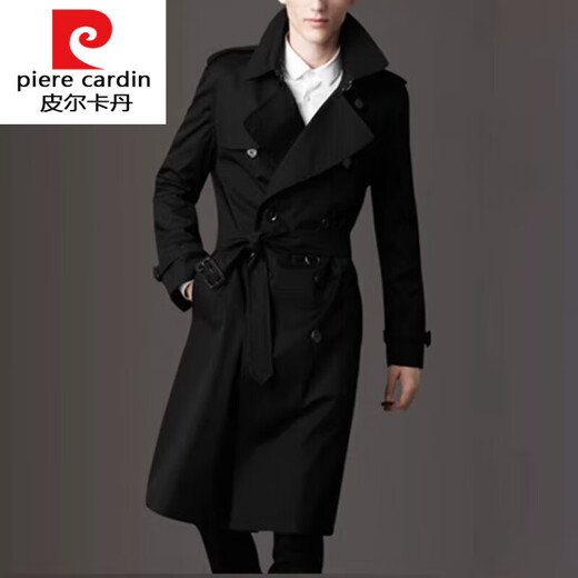 Pierre Cardin trench coat for men, British style mid-length business casual double-breasted plus 300 Jin, Jin equals 0.5 kg, thickened knitted jacket, black, no velvet, S 165/88A 100-130 Jin, Jin equals 0.5 kg