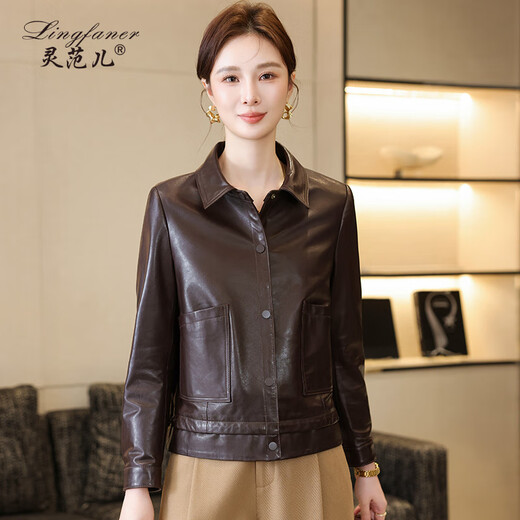 
Lingfan Haining genuine leather leather jacket for women 2025 new spring temperament middle-aged mother pure sheepskin jacket short red brown 3XL (recommended to be within 150 Jin [Jin equals 0.5 kg])