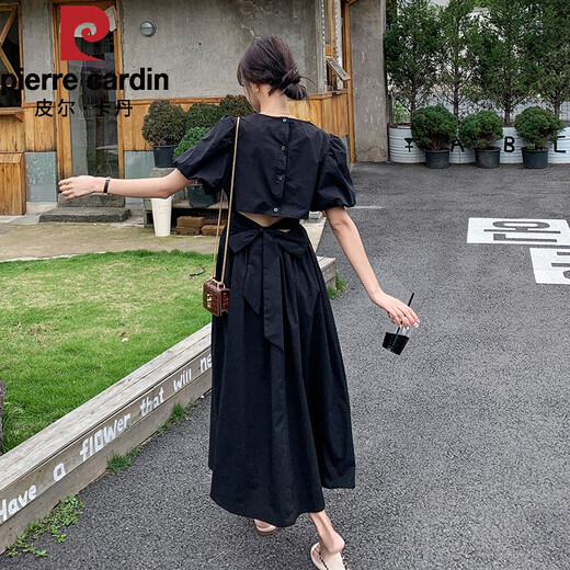 Pierre cardin style slim black dress for women in summer 2025 new Hepburn style small black dress exposed waist Platycodon French long skirt light brown [213-9923] 2XL 141-160Jin [Jin equals 0.5 kg]