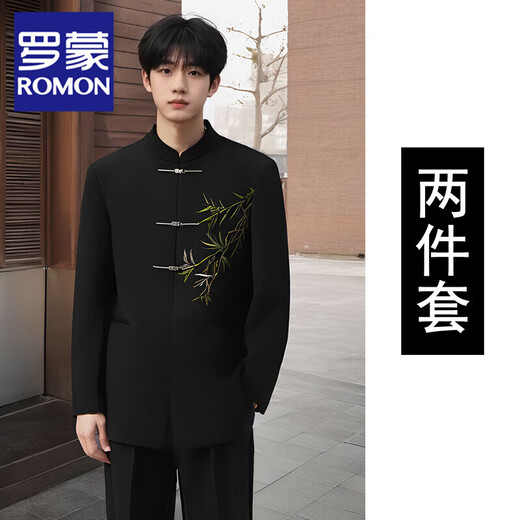 ROMON New Chinese Suit Embroidered Mao Suit Men's Groom Wedding Suit Engagement New Tang Suit Chinese Style Suit Black Suit + Pants XL
