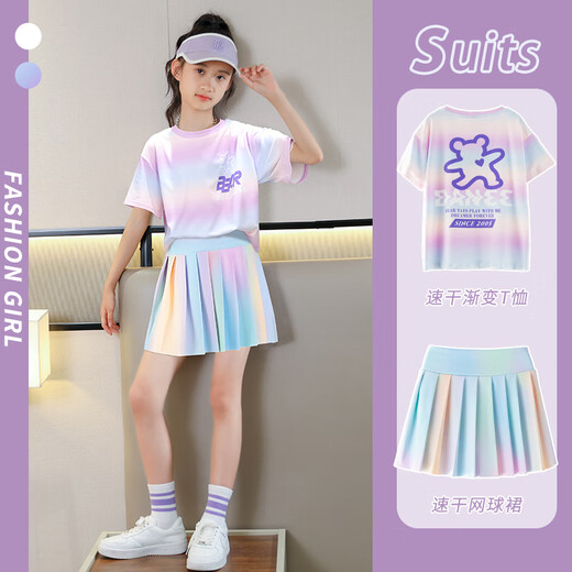 McTicco Girls Sports Quick Dry Clothes Set Children's Summer Ice Silk Tennis Skirt Big Children's Summer Short Sleeve Badminton Training Suit 9889 Cotton T-shirt + 4352 Color 120 120cm