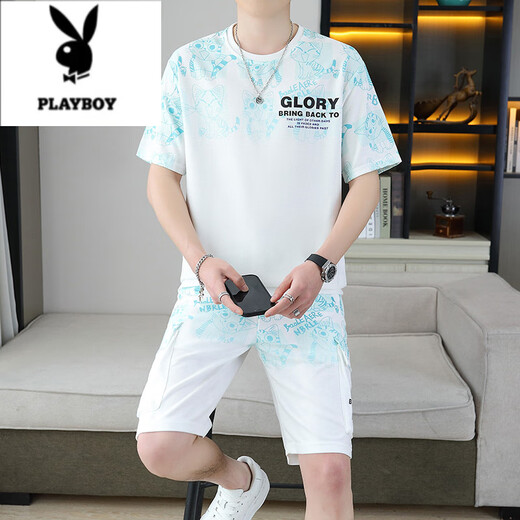 Playboy (PLAYBOY) 2025 summer new short-sleeved suit for men teenagers versatile shorts casual sports two-piece set gradient color men's clothing 6187 blue M