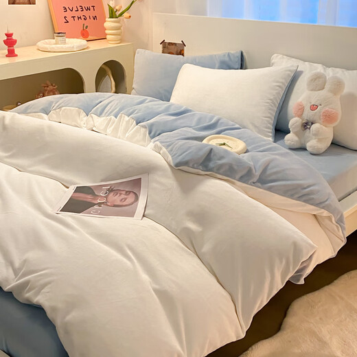 Red bean milk velvet quilt cover 150x200cm single piece winter thickened warm double quilt cover coral velvet bed four-piece set milk white + baby blue double-sided warm velvet thermal storage and warmth single quilt cover-200x230cm