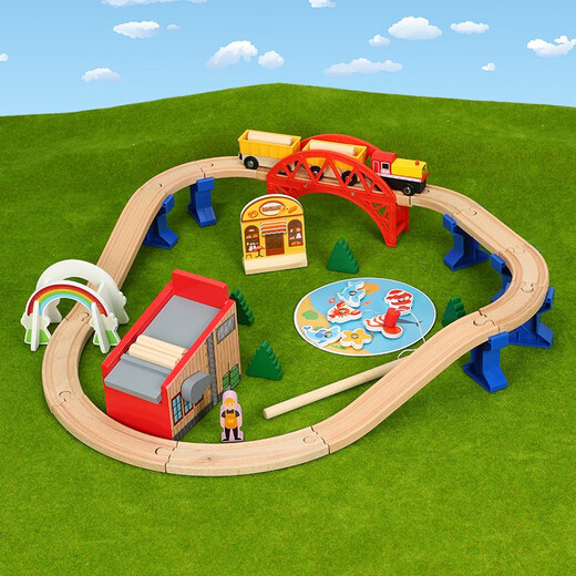 Leku wooden building blocks train track set magnetic locomotive 3-5-7 years old boy building blocks children's toys Small tracks in mining area construction site Official standard