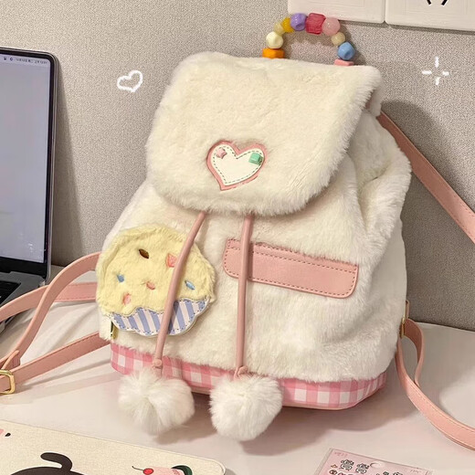 Muni Sweet Girl Fashion Plush Backpack 2025 New Student Commuter School Bag Cute and versatile Fur Backpack Women Sweet Plush Backpack [White 30*4*32]
