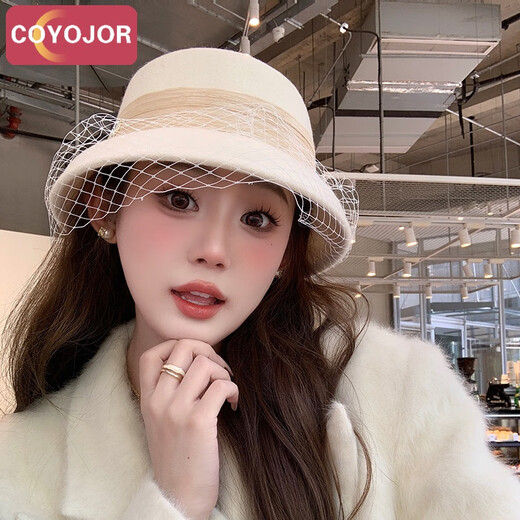 COYOJOR希遥家秋冬网纱羊毛帽子女复古赫本风毛呢礼帽气质优雅盆帽毛呢渔夫帽 云朵白 可调节