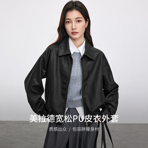 Shandubila Urban Commuting PU Leather Jacket Women's Spring Loose Slim Jacket Lapel Motorcycle Jacket Black S