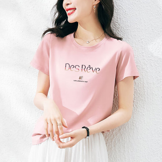 子耳气质女士短袖高档女时尚一点2025广州十三行夏季纯棉t恤宽松衫 6172灰粉 短.袖 M （建议80至105斤）