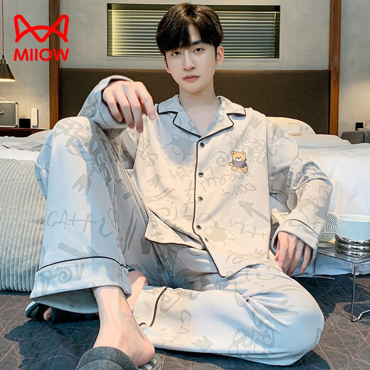 Catman (MiiOW) double-sided pure cotton pajamas for men long-sleeved spring, autumn and winter large-size men's comfortable large-size youth and middle-aged summer home clothing 3291HOMES L (110-135Jin [Jin equals 0.5 kg])