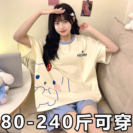 Arctic velvet (Bejirog) summer pajamas for women short-sleeved thin cartoon loose large-size girl's home clothing set can be worn outside 200 Jin [Jin equals 0.5 kg] 679 Green Dinosaur 4XL [Suggested 172-200 Jin [Jin equals 0.5 kg]]