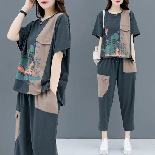 鸢诺中年妈妈装大码宽松显瘦运动服两件套夏季印花拼接短袖休闲套装女 838#绿色 L 【建议90-110斤】