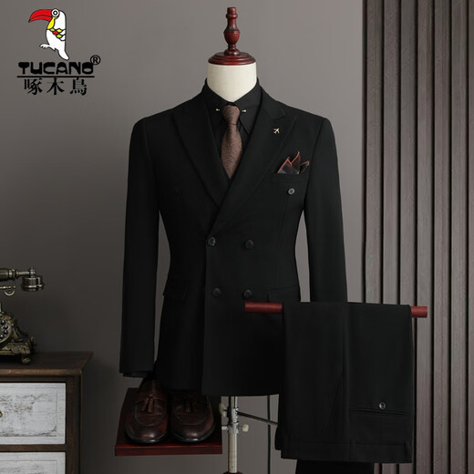 Woodpecker (TUCANO) two-piece suit men's suit wedding double-breasted British style lapel groom engagement wedding slim stripes medium gray suit + trousers XL (suitable for 125-135 Jin Jin equals 0.5 kg)