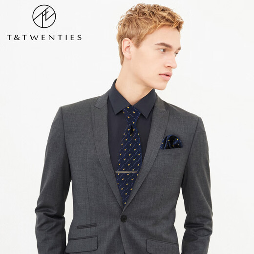 T&Twenties吉他.深蓝色真丝领带男8cm手打款金色乐器音乐波点口袋巾套装礼盒 【领带+口袋巾+领带夹】