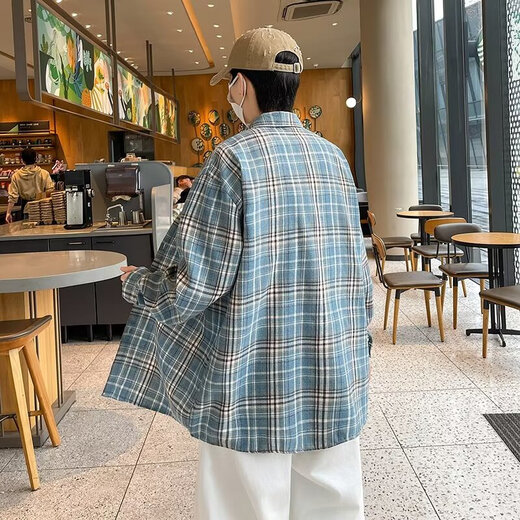 美式长袖衬衫男生春夏季宽松翻领格子衬衣复古潮流休闲百搭外套男 CRYZ687蓝色 M
