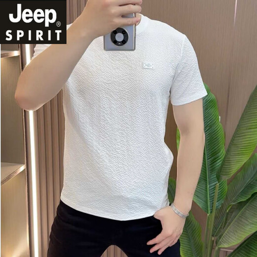 JEEP SPIRIT Jeep Designer Summer Ice Silk Texture Embroidered Round Neck Men's Short Sleeve Fashion Half Sleeve Versatile Comfortable 1105 Black 2XL 135-150Jin [Jin equals 0.5 kg]
