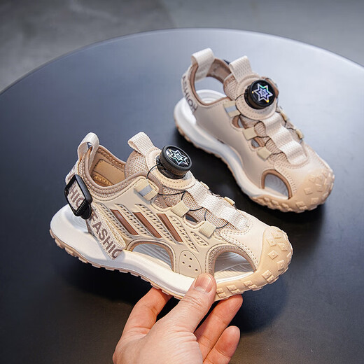 Boys' Baotou sandals 2025 summer new style children's students, middle and large children's beach shoes soft sole non-slip sports sandals 299/khaki color 38 size (inner length 24.7cm)