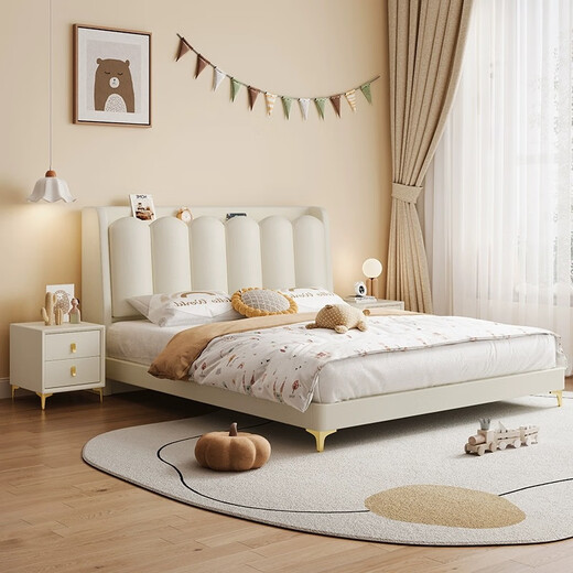 Vinson Shanpin estilo cremoso de piano brillante llave de empaquetamiento suave Camilla para niños Camilla de princesa cama de niño 1 metro 5 empaquetado suave cama doble cama + 2 cm pino cama de cama de madera + 1 gabinete + colchón de bolsa independiente 1350 mm*2000 mm Almacenamiento