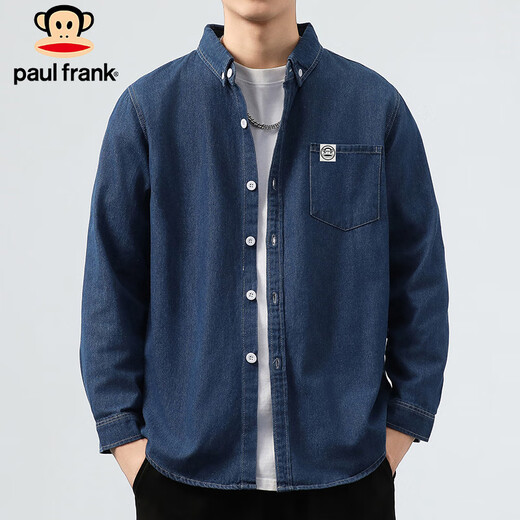 Paul Frank long-sleeved shirt men's spring and autumn casual denim shirt men's jacket men's trendy tops men's dark blue 3XL