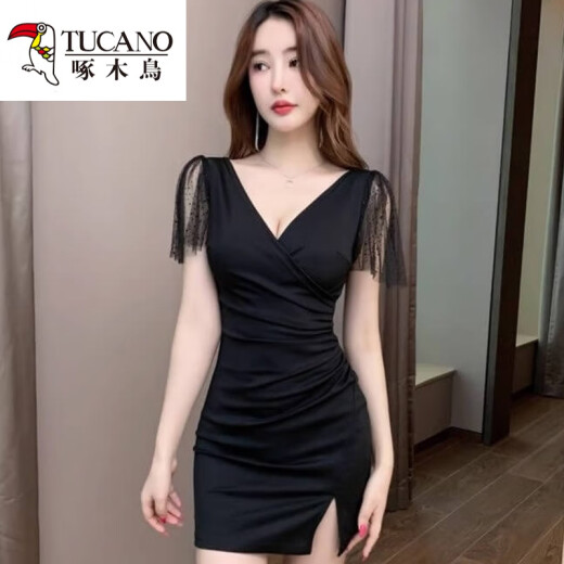 啄木鸟性感连衣裙女深V礼服KTV足浴技师工作服包臀裙上班衣服 3897黑色 S 建议80-95斤